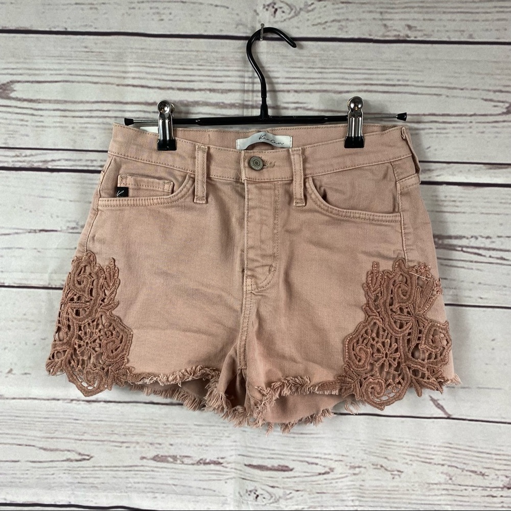 KANCAN rose blush pink denim high waisted shorts with lace details Sz 26